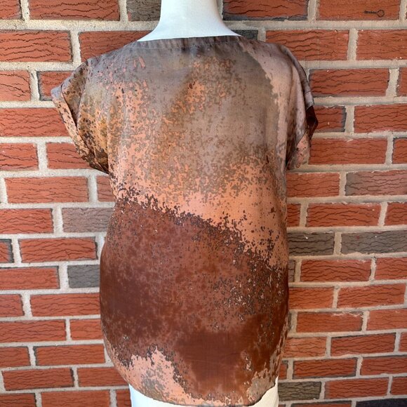 Eileen Fisher Short Sleeve Silk Round Neck Blouse - Abstract Muted Fall Colors - - Picture 3 of 4